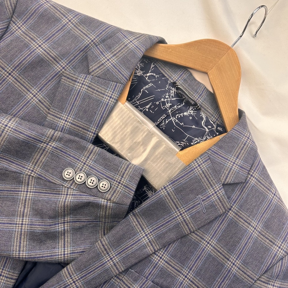 Nautica Men Grey Blue Windowpane Polyester Two Button Blazer 46L NWoT